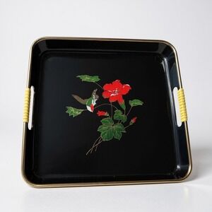 Vintage Black‎ Tray w/ Handles Hummingbird Floral Serving Decor Cottagecore
